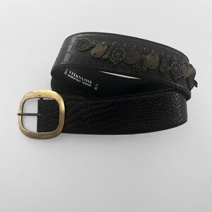 VITANUOVA FIRENEZE Italian Designer Black Leather Belt with Brass Charms
